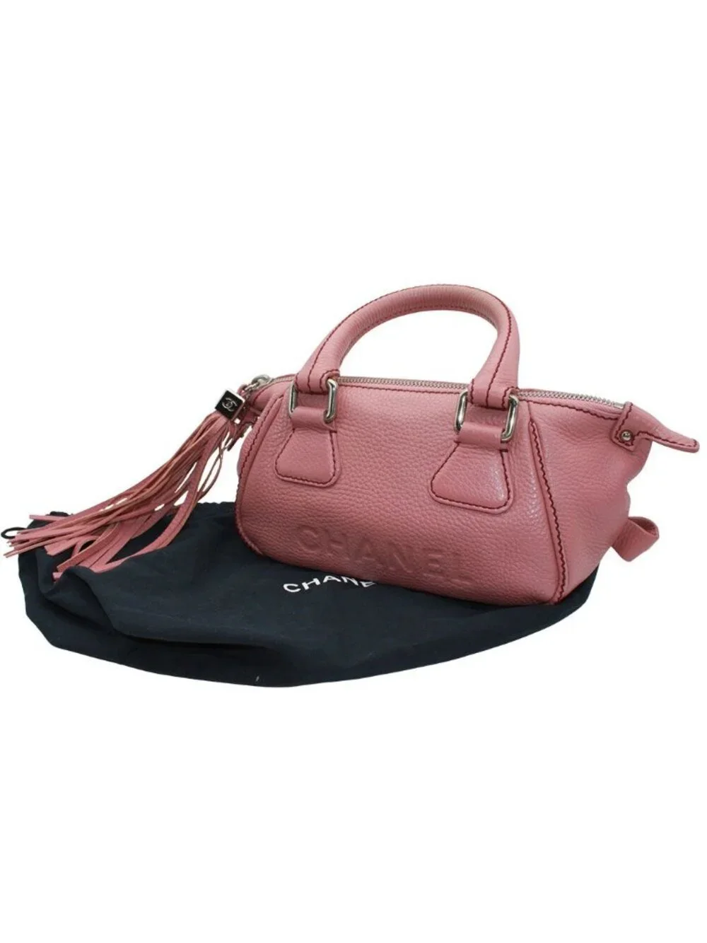 Chanel Bag Handbag Leather Pink Silver Tassel Faux Mini